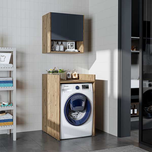 Roomart Waschmaschinenschrank DERIN-I – Waschmaschinen-Überbauschrank – 65×180×65 cm – Waschküchen- & Hauswirtschaftsschrank • Anthrazit-Eiche