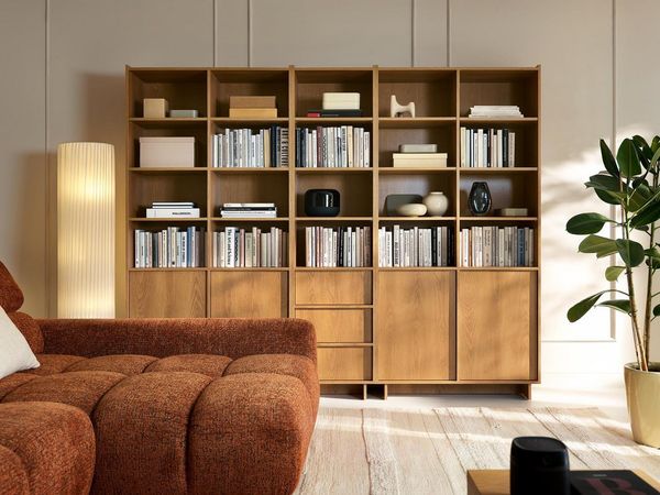 Compleo Bücherregal Set 2x+1 Regale, 4 Türen und 3 Schubladen KELLOS, MADE IN EU, Arbeitszimmer Stil Japandi