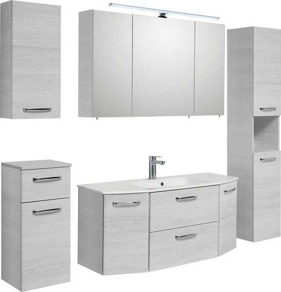 Saphir Badmöbel-Set Quickset 936 5-teilig, Glas-Waschtisch mit LED-Spiegelschrank, (Set, 5-St), Waschplatz, inkl. Türdämpfer, 9 Türen, 1 Klappe, Griffe Chrom Glanz