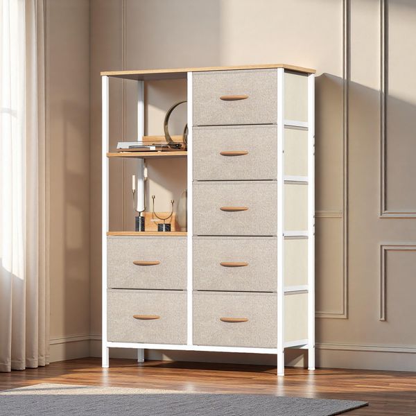 Feonase Kommode mit Schubladen, Schubladenschrank mit 7 Stoff-Schubladen & 2 offenen Fächern, hohe Aufbewahrungseinheit für Schlafzimmer, Wohnzimmer, Flur, Khaki