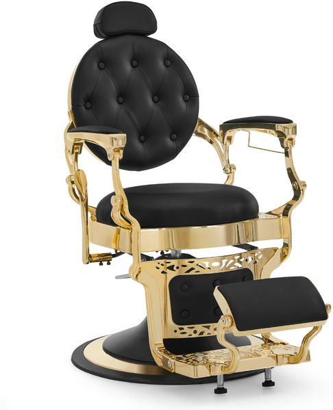 BarberPub Friseurstuhl mit Kopfstütze Kippbar, Friseureinrichtung mit Hydraulikpumpe 360° Drehbar, Höhenverstellbarer Bedienungsstuhl mit Vintage Stil, Kunstleder, 2933GD-F (Gold-Schwarz)