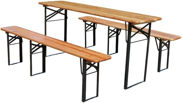 Faltbare Bierzeltgarnitur 177 cm, 3-teilig: 1 Klapptisch + 2 Bierbänke, wetterfeste Kiefer massiv, platzsparend, Biertischgarnitur Festzeltgarten