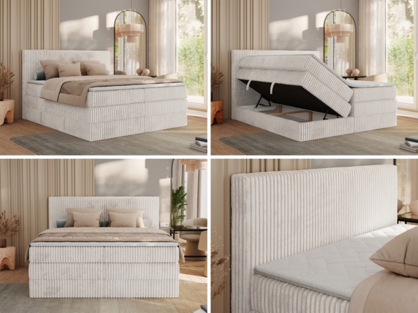 Boxspringbett, Doppelbett mit zwei Bettkästen und Multipocket-Matratze, Cord Bett - TILIANO KING - 200 x 200 cm - Beige Cord - H4 Bild 2