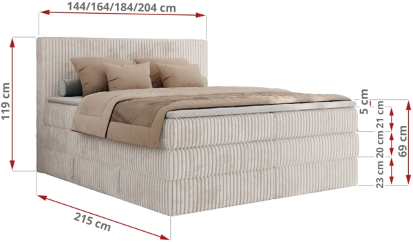 Boxspringbett, Doppelbett mit zwei Bettkästen und Multipocket-Matratze, Cord Bett - TILIANO KING - 200 x 200 cm - Beige Cord - H4 Bild 6