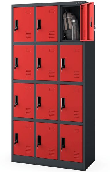 Schließfachschrank Spind MARCIN - 12 Fächer, Etikettenhalter Lüftungsschlitze | Wertfachschrank Umkleideschrank Metall Kleiderspind, 185x90x40cm Anthrazit-Rot