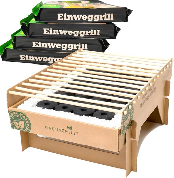 5x Öko Einweggrill Einmalgrill Nachhaltig - Bio Einmal Grill rauchfrei 31 x 23,5cm Bambus Kohle und Grillrost, natürlichen Materialien
