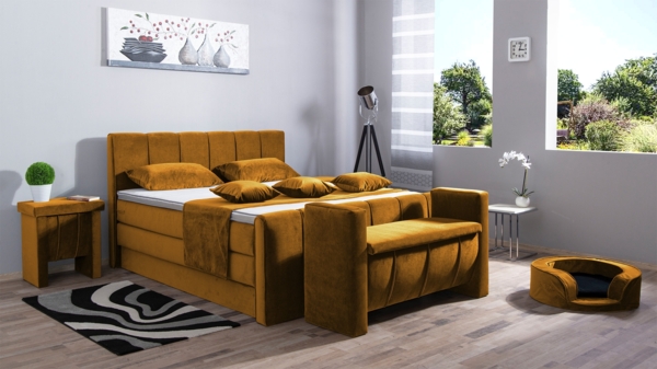 Meisterbetten Boxspringbett Roki 120x220 in VS-Gelb, Matratzenbezug Nano, Ergoflex-Topper, mit Fussteil