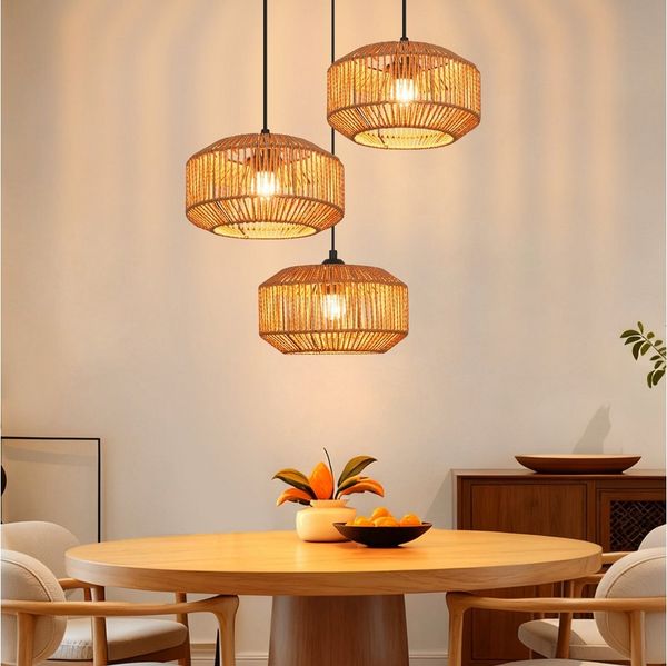 ZMH Pendelleuchte E27 3 Flammige Vintage Hängelampe Boho Papiergarn Deckenlamp, ohne Leuchtmittel