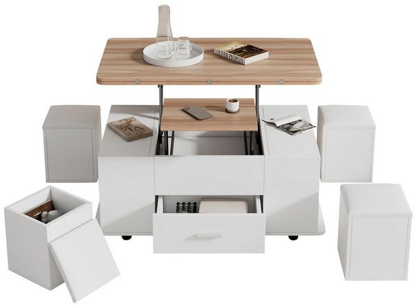 BlingBin Couchtisch Esstisch 4-in-1-Multifunktions-Wohnzimmertisch (Beweglicher, Höhenverstellbar, 1-St, mit 4 Hockern und Schublade), 100L x 50B x 45/60H cm, Weiß