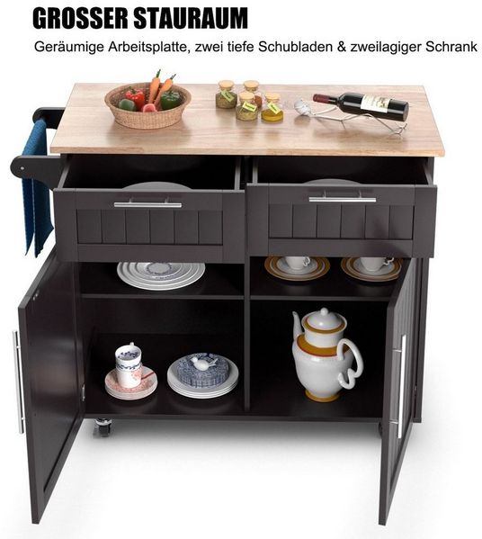 COSTWAY Küchenwagen mit Arbeitsplatte, Schubladen, Rollen, 94x45,5x94,5cm