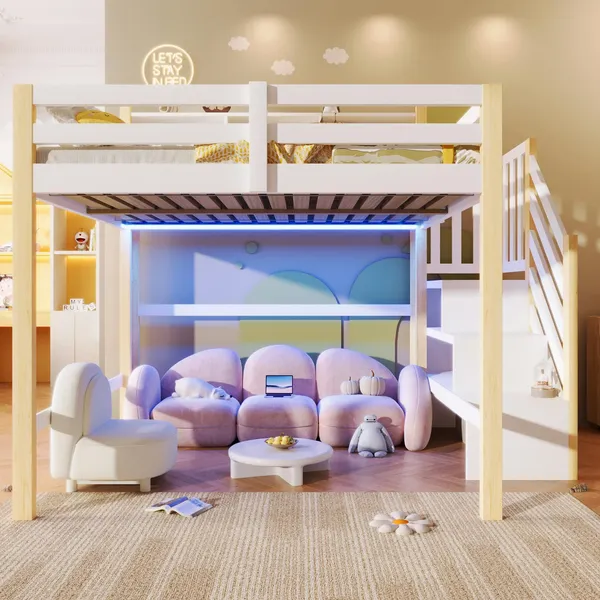 Hochbett mit RGB LED-Streifen, Stauraum, Lattenrost, Rausfallschutz und Regal, Treppe mit Regal, 140x200 cm, Kinderbett, Kiefer