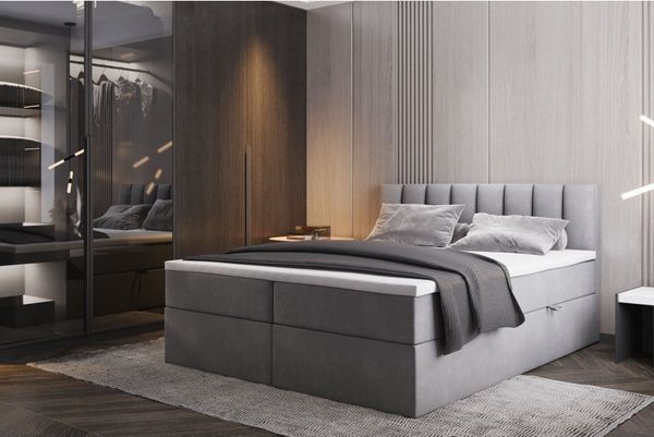 Palermo Boxspringbett mit Bettkästen H3 Matratze mit Topper (Grau, 180x200 cm)