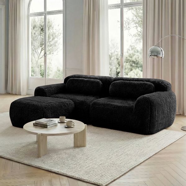 Modulares Ecksofa 2-Sitzer, 204cm×179cm×73cm – schwarzer Plüsch, weich gepolstert, ohne Montage