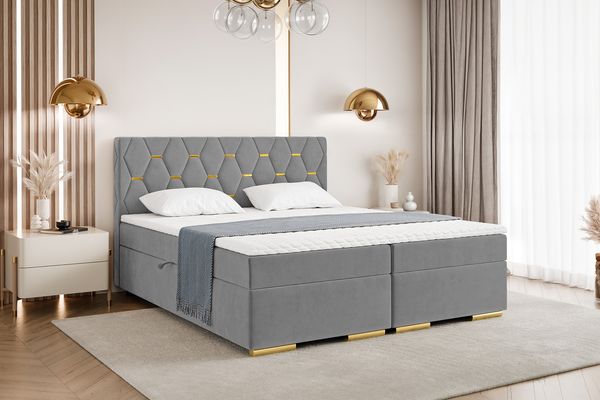 MEBLINI Boxspringbett mit Bettkasten - 140x200 - H3/Grau Samt - Versal - Gepolstert Doppelbett mit Matratze und Topper - Polsterbett mit Stauraum - Bett mit Kopfteil - Stauraumbett