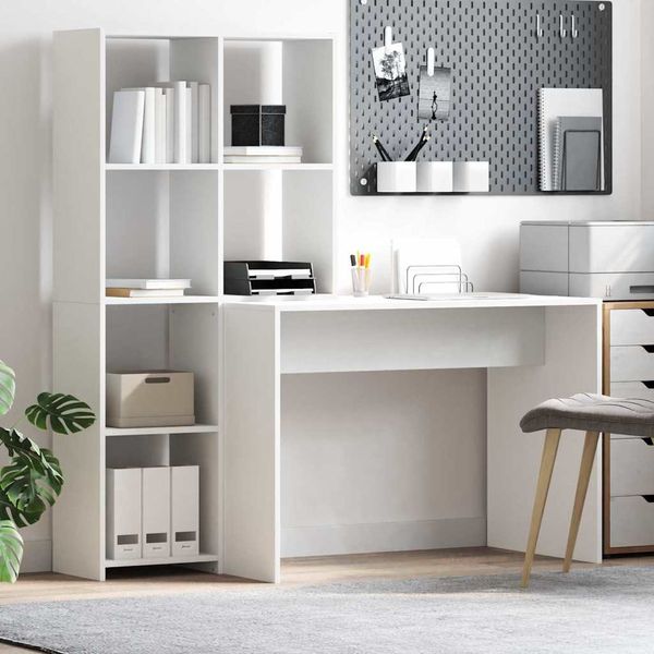 Schreibtisch, Bürotisch, Computertisch mit Regal Weiß 138,5 x 55 x 143 cm Holzwerkstoff