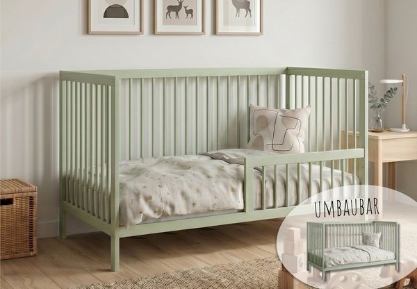 Kids Collective Babybett Kinderbett Gitterbett Baby Bett mit Rausfallschutz 60x120 70x140, stabiles Buchenholz, made in Europe 70x140 cm Grün