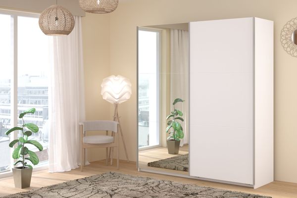 Kleiderschrank Swing 4 Weiß 178x203x59 cm – Schwebetürenschrank mit Spiegeltür & Stauraum