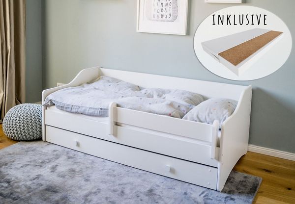 Kinderbett Jugendbett 80x160 mit Matratze Rausfallschutz & Schublade | Kinder Sofa Couch Bett umbaubar wei