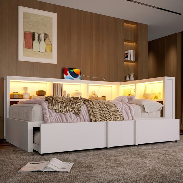Metall-Tagesbett, mit Ausziehbett Stauschränken LED-Beleuchtung USB-Anschlüssen, Metall, Weiß, 90 x 200 cm