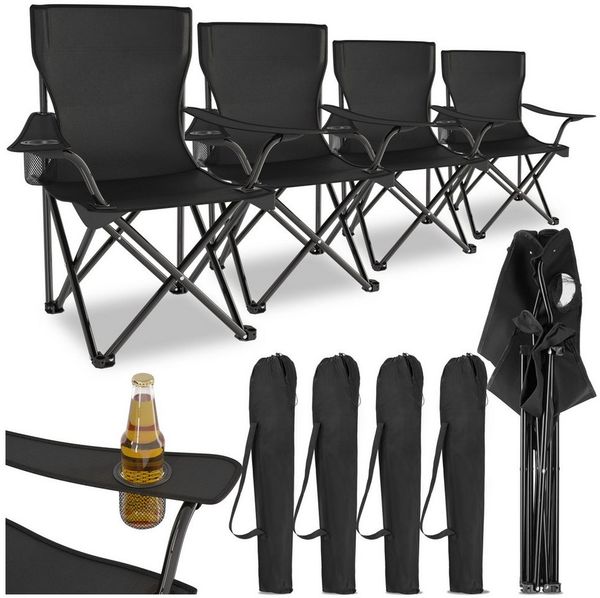 tectake Campingstuhl Gartenstuhl faltbar, mit Getränkehalter, 80 x 48 x 84,5 cm (Outdoor Klapptstuhl Gil für Außen in Schwarz, 4 St), geringes Gewicht, inkl. Tragetasche