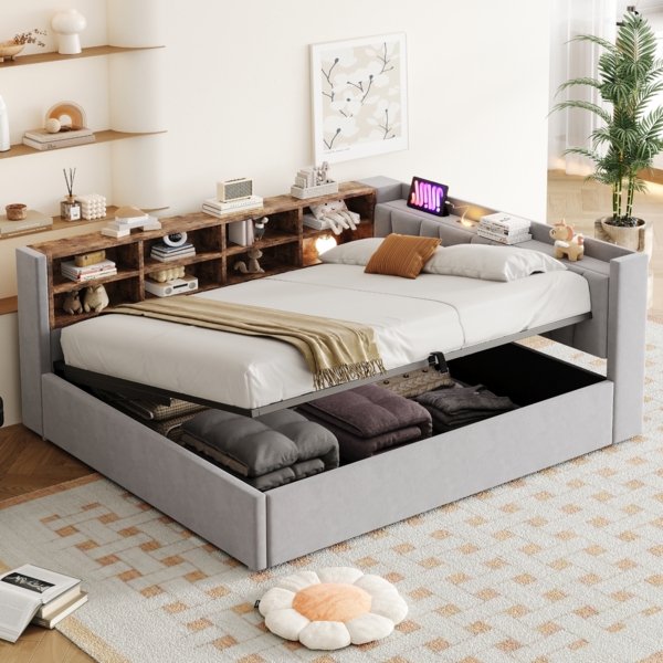 Merax Doppelbett Polsterbett Schlafsofa 140*200 cm, Mit Hydraulischem Stauraum, Mit Nachtlicht, USB- und Typ-C-Ladeanschluss, Mit Ablagen und Staufächern, Samtstoff Hellgrau