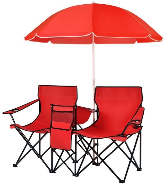 COSTWAY Campingstuhl, mit Sonnenschirm, Getränkehalter & Kühltasche, faltbar