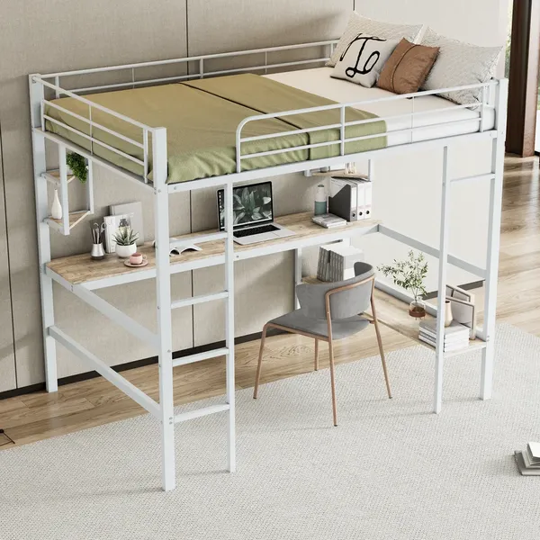Hochbett mit Rausfallschutz, Schreibtisch, Regal, Leiter und Lattenrost, 140x200 cm, Metallbett, Jugendbett, Kinderbett