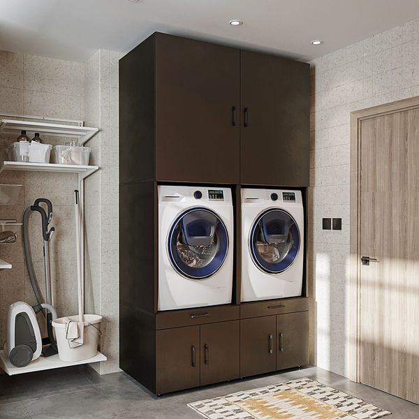 Roomart • Waschmaschinenschrank mit Schrankaufsatzen 95cm, in 3 Farben, HBT: 240 x 134 x 66,8 cm, Schublade & Ausziehbrett, Schwarz Eiche