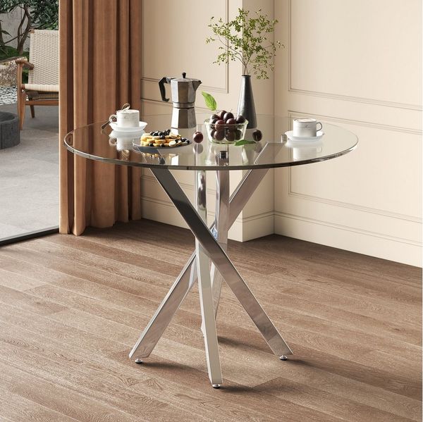 Flieks Esstisch Glastisch 80x75 cm (galvanisierte Tischbeine mit verstellbaren Fußpolstern in silberfarben, 1-St, 1 Tisch), runder Küchentisch Freizeittisch, Tischplatte aus gehärtetem Glas