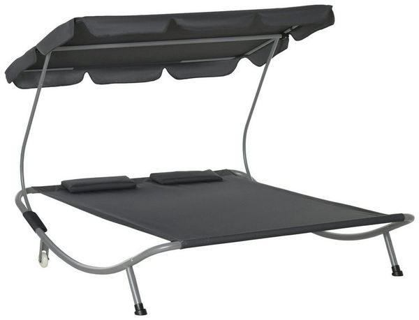 Outsunny Gartenliege Sonnenliege rollbar mit Dach, Liegestuhl mit Kopfkissen, 3 St, Sonnenliege, Moderne Doppelliege mit Sonnendach, leicht beweglich