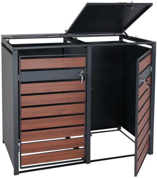 2er Mülltonnenverkleidung HWC-J81, Mülltonnenbox, erweiterbar, Metall 50kg, anthrazit ~ Kirsche-Holzoptik dunkelbraun Bild 3