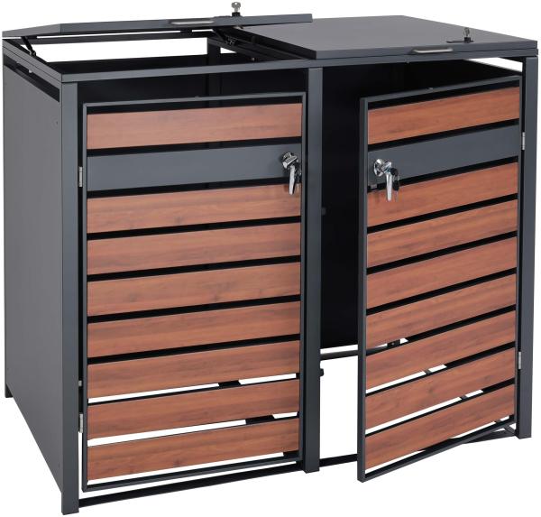 2er Mülltonnenverkleidung HWC-J81, Mülltonnenbox, erweiterbar, Metall 50kg, anthrazit ~ Kirsche-Holzoptik dunkelbraun Bild 8