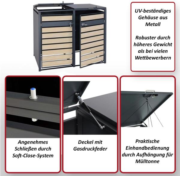 2er Mülltonnenverkleidung HWC-J81, Mülltonnenbox, erweiterbar, Metall 50kg, anthrazit ~ Kirsche-Holzoptik dunkelbraun Bild 2