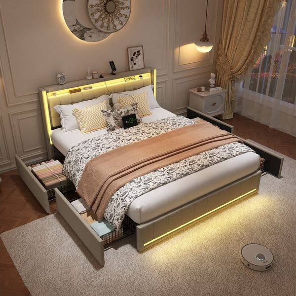 PXloue Polsterbett LED Doppelbett 140x200cm mit Ladefunktion und 4 Schubladen Polsterbett (Geeignet für Jugendliche und Erwachsene), Stauraumbett, mit RGB-LED, Lattenrost und praktischen Schubladen