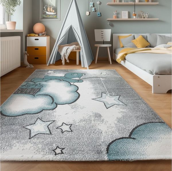 SIMPEX24 Teppich Bär Design, Läufer, Höhe: 11 mm, Kinderteppich Bär Design Blau Baby Teppich Kinderzimmer Pflegeleicht