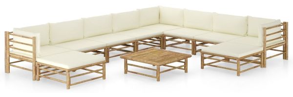 vidaXL 11-tlg. Garten-Lounge-Set mit Cremeweißen Kissen Bambus 3058223