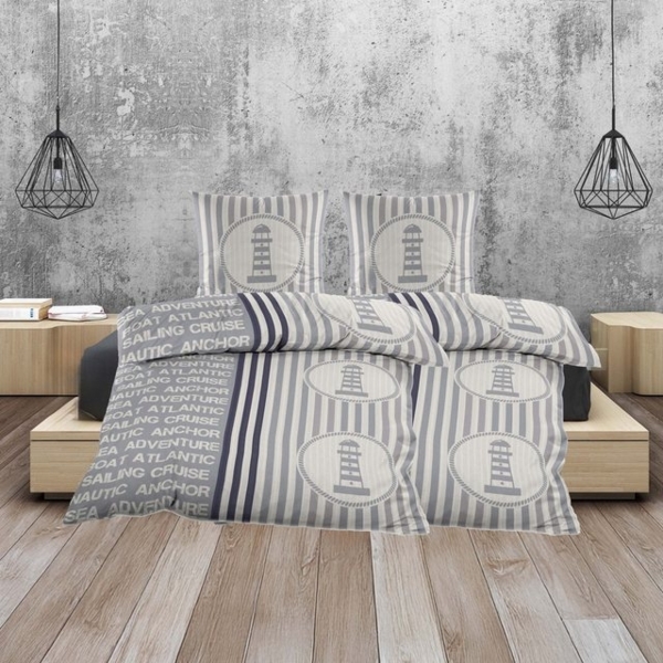 Casa Colori Bettwäsche Seersucker Bettwäsche 135x200 cm Gestreift mit Leuchtturm Motiv, Seersucker, 4 teilig, leicht Bild 2