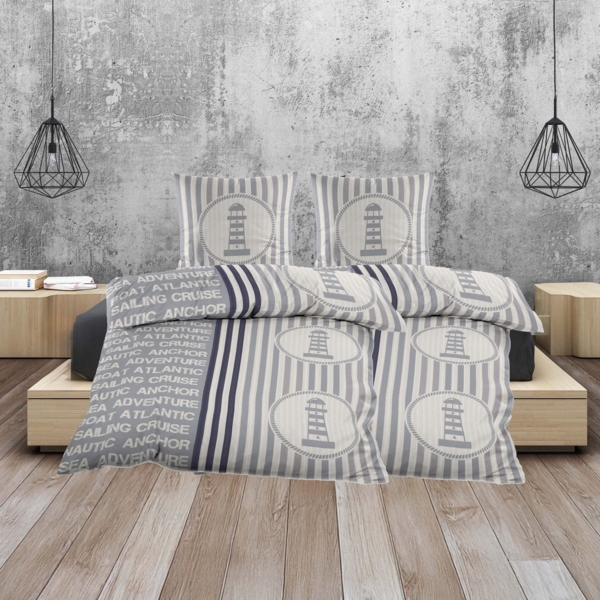 Casa Colori Bettwäsche Seersucker Bettwäsche 135x200 cm Gestreift mit Leuchtturm Motiv, Seersucker, 4 teilig, leicht Bild 3