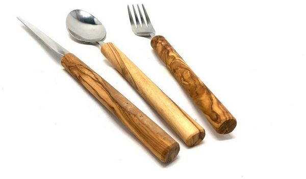 Olivenholz-erleben Besteck-Set Essbesteck Edelstahl mit Griff aus Olivenholz (3er Set) (1-tlg), 1 Personen, Olivenholz und Edelstahl, Stilvolles Besteck-Set mit Olivenholzgriffen – ideal zum Verschenken