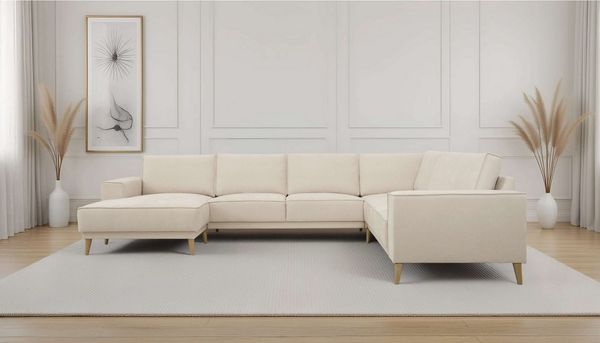 OTTO home Wohnlandschaft Oland Skandi, weicher Chenille-Stoff, U-Form, 342 cm, Wellenunterfederung, Skandi-Design, Massivholzfüße