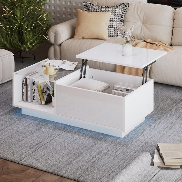 Merax Couchtisch höhenverstellbar Sofatisch mit Hebefunktion und Stauraum (1-St, 100x50x (33-46.5) cm), Beistelltisch Wohnzimmertisch mit Hochglanz-Oberfläche und LED
