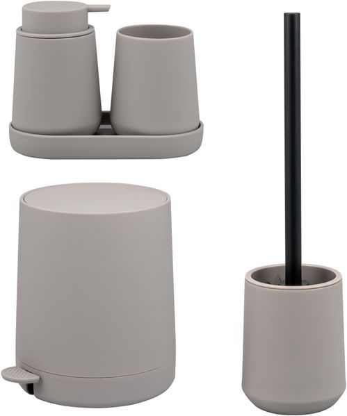 Bad-Accessoires Set TESERO 5tlg. bestehend aus 1x Seifenspender, 1x Becher, 1x Schale, 1x WC-Garnitur, 1x Kosmetikeimer aus Kunststoff in Taupe
