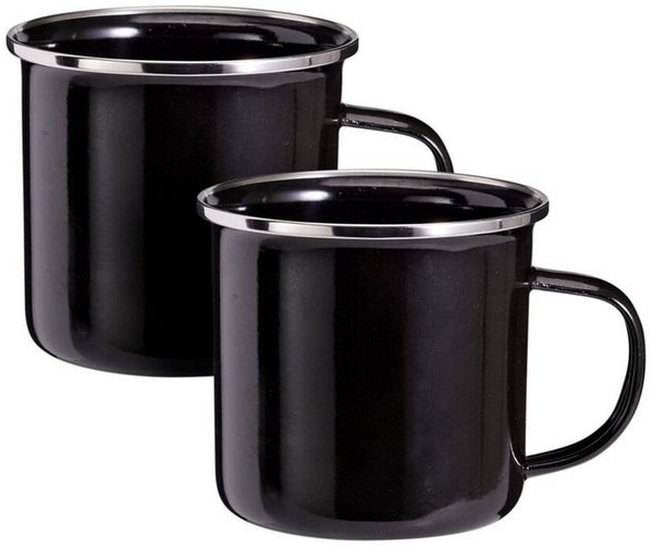 HAC24 Tasse Emaille Becher Camping Kaffee Tee Kaffeebecher Kaffeetasse, 2-tlg, Eisen, 350 ml Schwarz mit Griff
