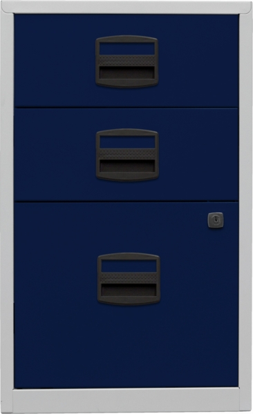 Beistellschrank PFA, 2 Universalschubladen, 1 HR-Schublade, Farbe Korpus lichtgrau, Fronten oxfordblau