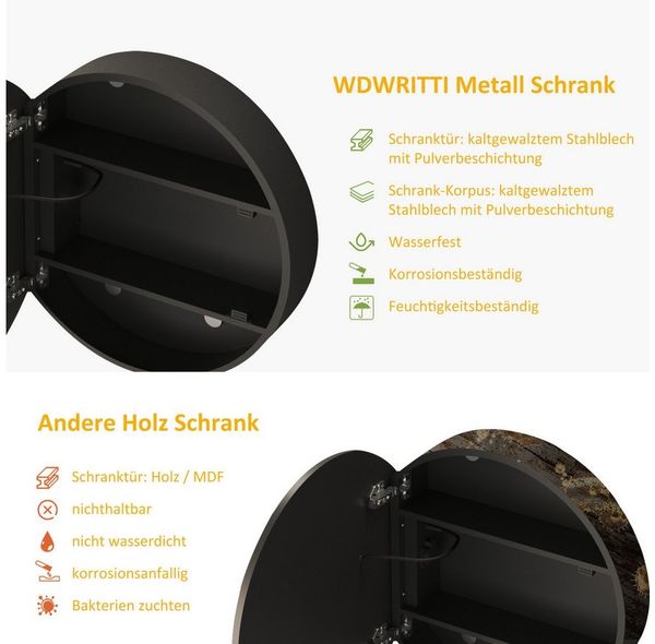 WDWRITTI Spiegelschrank Bad 60 cm breit Schwarz Badezimmer Spiegelschrank LED Beleuchtung (Wandschrank Hängeschrank Schwarz Rund 60x60 cm, 3Lichtfarben, Dimmbar, Anti-fog, Speicherfunktion) Stahlblechregale, mit Netzadapter, IP44