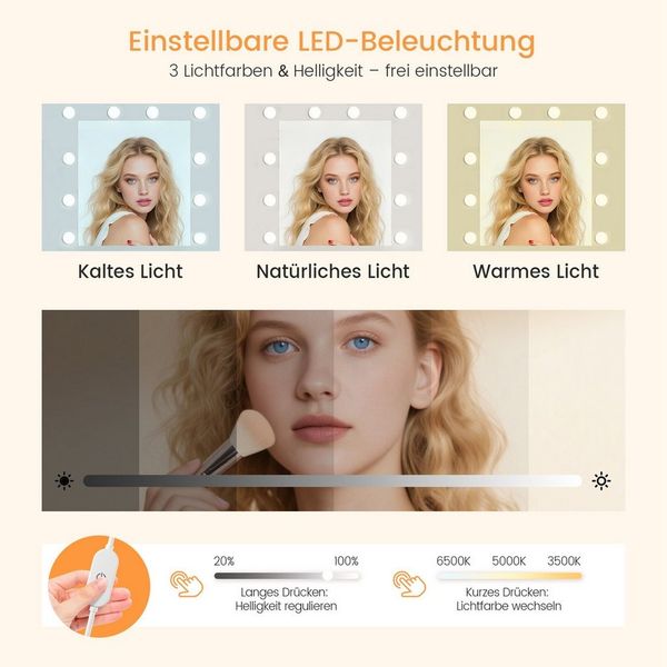 Lexzurn Schminktisch Schminktisch mit LED-Beleuchtung, großem hochauflösendem Spiegel (Der Seitenkorpus ist um 90° verstellbar für flexible Raumanpassung. 8 Schubladen, 8 offene Fächer, Föhnhalter, mit Steckdose und USB-Anschluss,10 LED-Leuchten,3 Lich... Bild 4