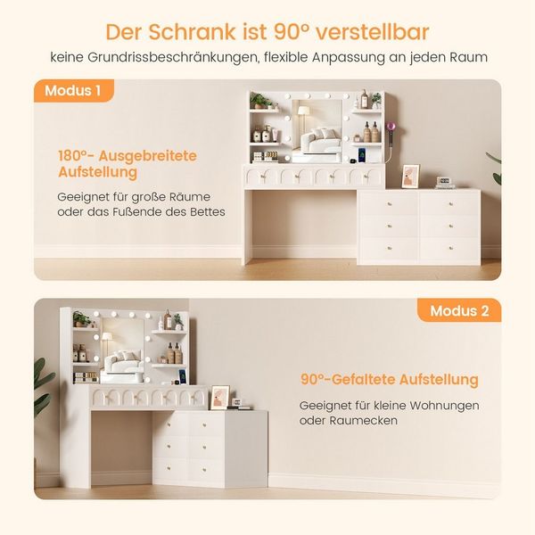 Lexzurn Schminktisch Schminktisch mit LED-Beleuchtung, großem hochauflösendem Spiegel (Der Seitenkorpus ist um 90° verstellbar für flexible Raumanpassung. 8 Schubladen, 8 offene Fächer, Föhnhalter, mit Steckdose und USB-Anschluss,10 LED-Leuchten,3 Lich... Bild 3