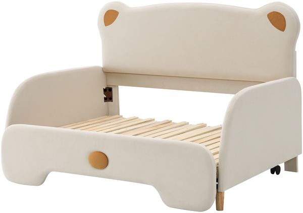 Polsterbett Ausziehbett 140x200 cm, Samt Beige, Bärenform, Holzlatten, ohne Matratze Bild 8