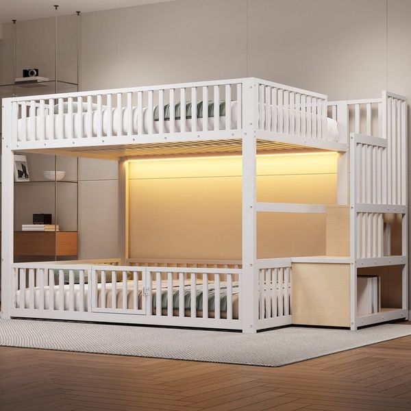 Flieks Etagenbett, Metallbett Kinderbett 140x200cm mit LED-Beleuchtung, oberem Lattenrost