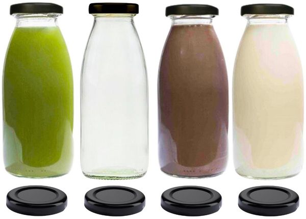 mikken Trinkflasche 4x Milchflasche 250 ml mit Schraubdeckel plus 4 Ersatzdeckel, Inhalt 250 ml, große Öffnung